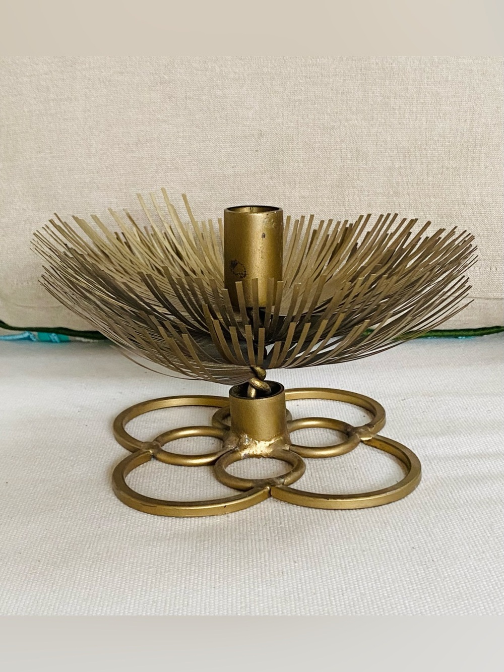 Large VTG  Brass Starburst Fringe Candle Holder Mid Century Modern Clover Base